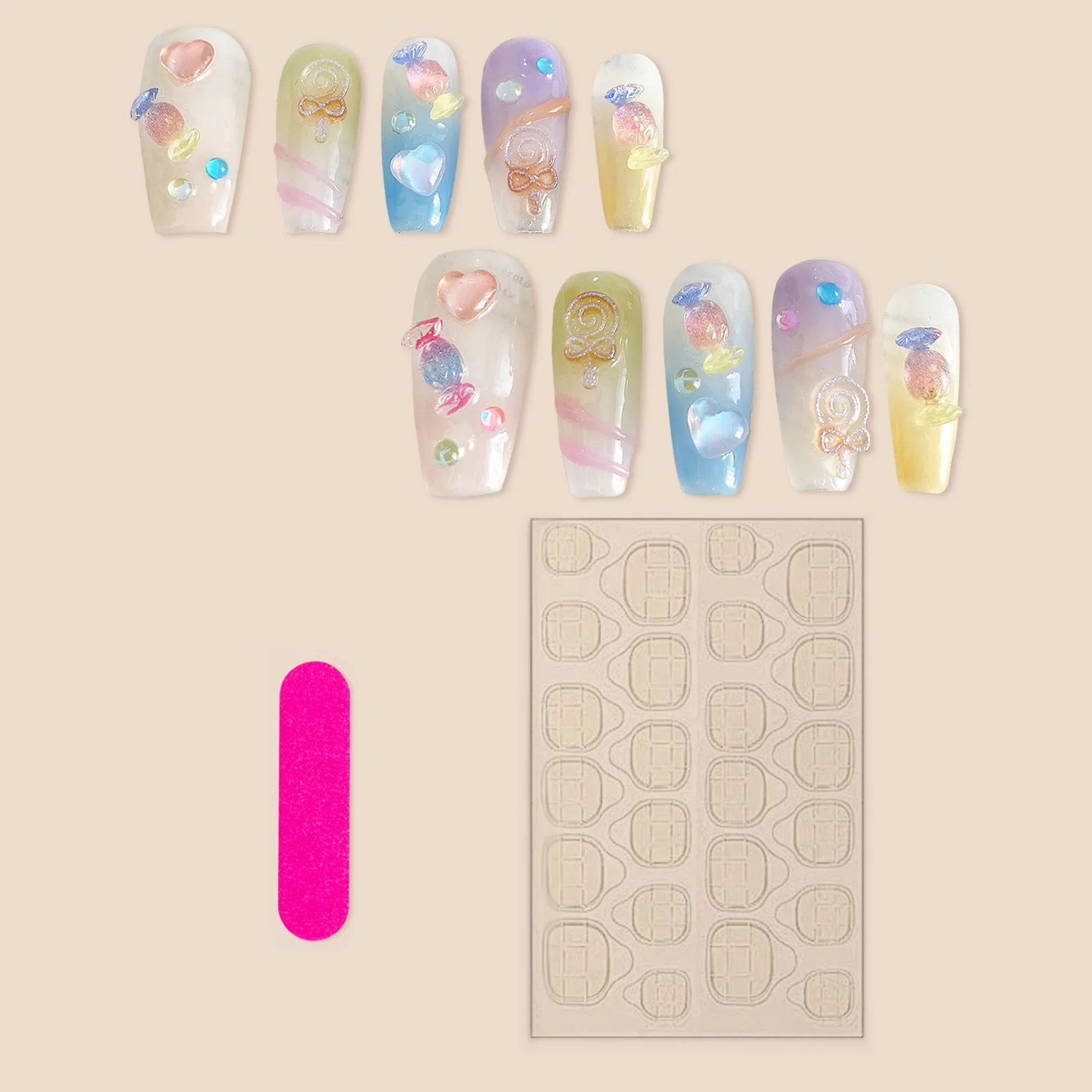 اضغط يدويًا على الأظافر، أظافر صناعية كريستالية حلوة ملونة قابلة للارتداء وقابلة للفصل على الطراز الكوري اللطيف اضغط على الأظافر