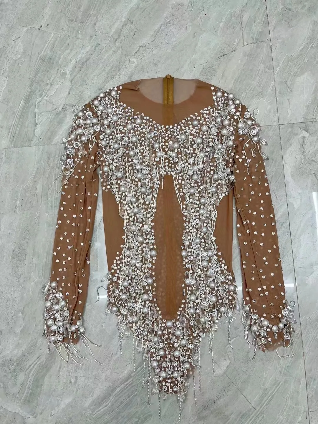 Sparkly Rhinestones Chains Pearls Bodysuit Women Sexy Mesh See Through Long Sleeve Performance Dance Costume Show Stage Wear