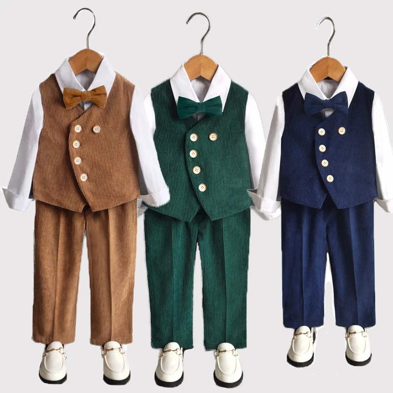 

Boys Casual Corduroy Vest Pants Bowtie 3pcs Suit Set Child Party Birthday Performance Photography Dress