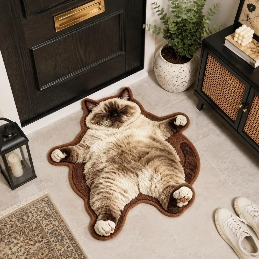 Novelty Imitation Cashmere Cat Shaped Rug Thickened Irregular Optical Illusion Doormat Non-slip Absorbent Floor Mat Bathroom