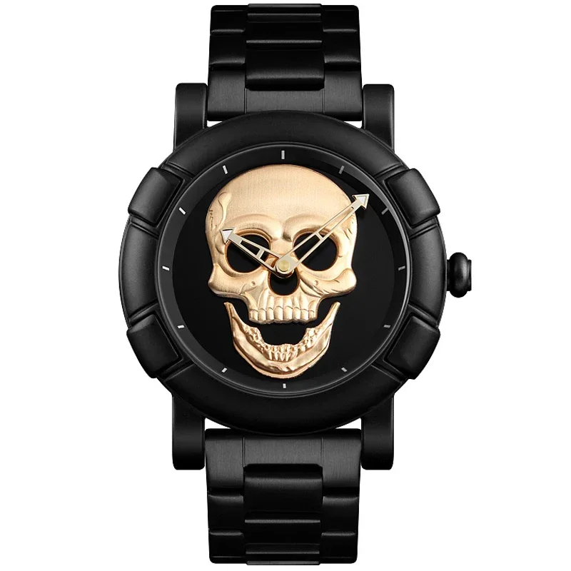 Reloj de cuarzo con esfera de oro negro para Hombre, diseño de cabeza de calavera 3D, acero inoxidable, Steampunk Rock grabado, Cool Mexico, Reloj para Hombre