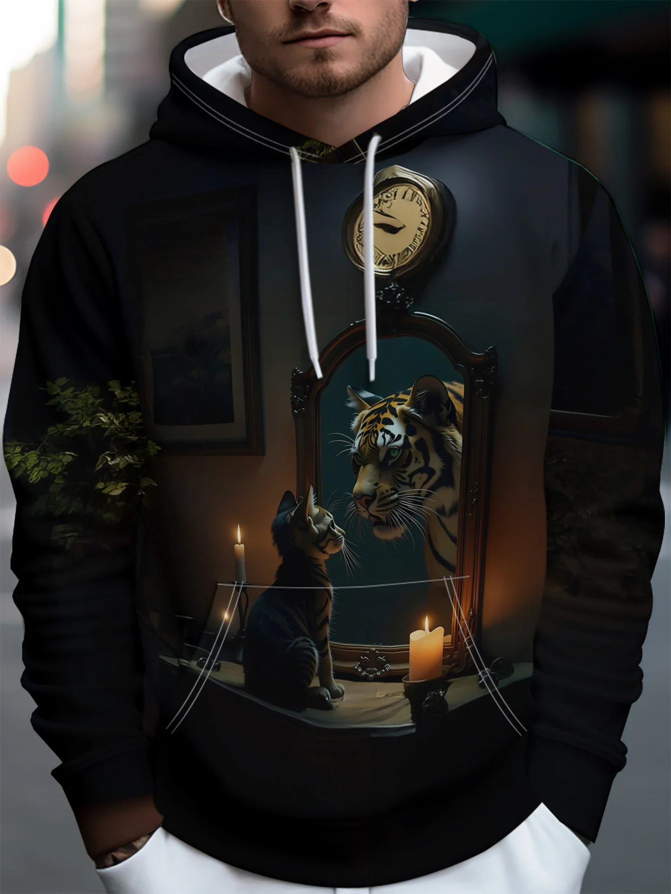 Men Cat Mirror Tiger Reflection Candle Vintage Room 3D Print Hoodie Drawstring Pocket Long Sleeve Casual Pullover Sweatshirt