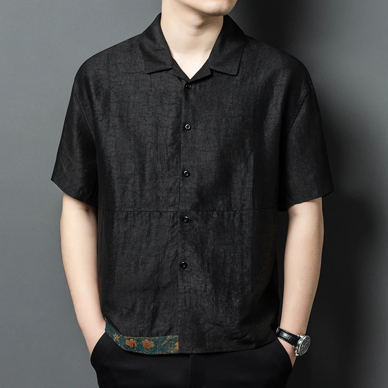 Crackle Gambiered Canton Gauze Shirts For Men Short Sleeve Satin Summer Quality Geniune Silk Softness Coolness Camisas De Hombre