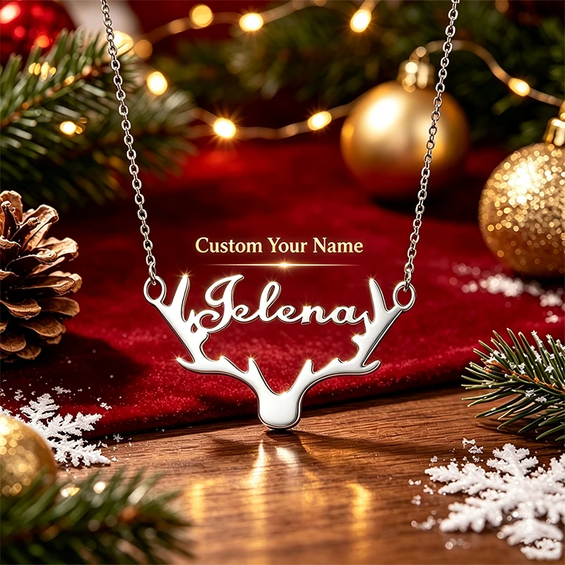 2026 Custom Deer Antler Name Pendant Necklace Stainless Steel Jewelry Gift Christmas Nameplate Personalized Choker Necklace