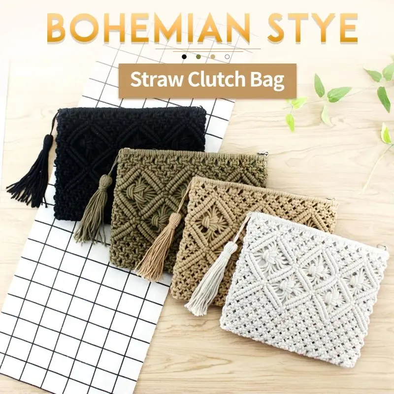 Women\'s Bohemian Style Straw Woven Day Clutches Bags Fashionable Simple Tassel Causal Handbag Vintage Beach Bag For Women Girl