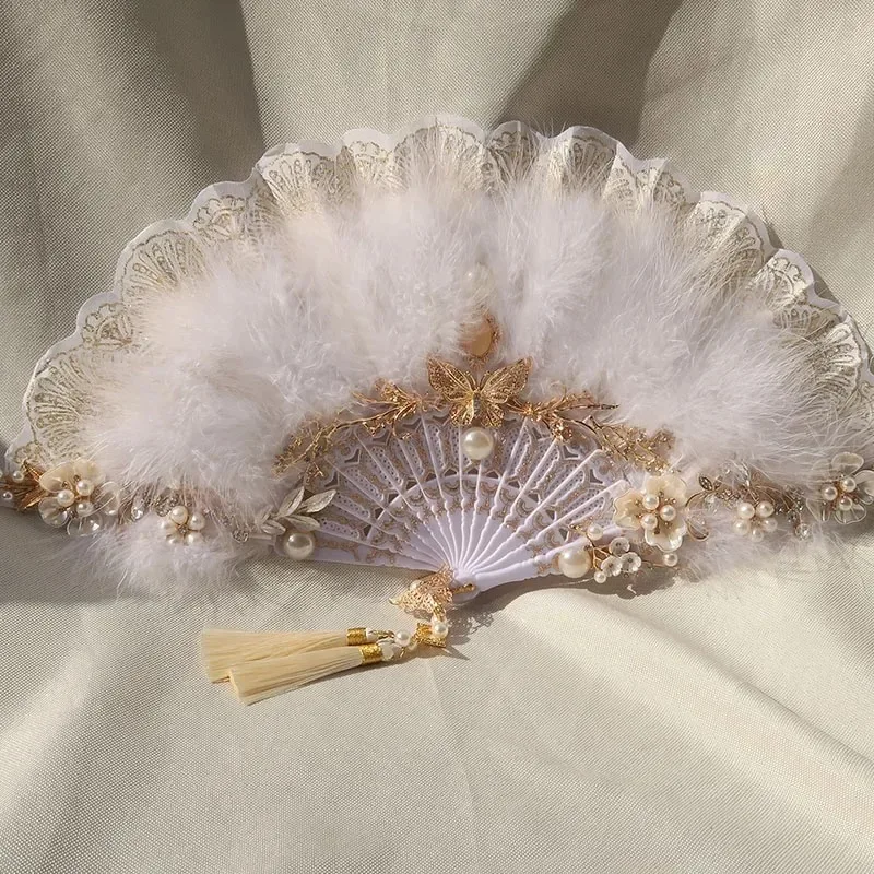 Retro Palace Feather Folding Fan, Sweet Lolita Style for Wedding Party Photo Props