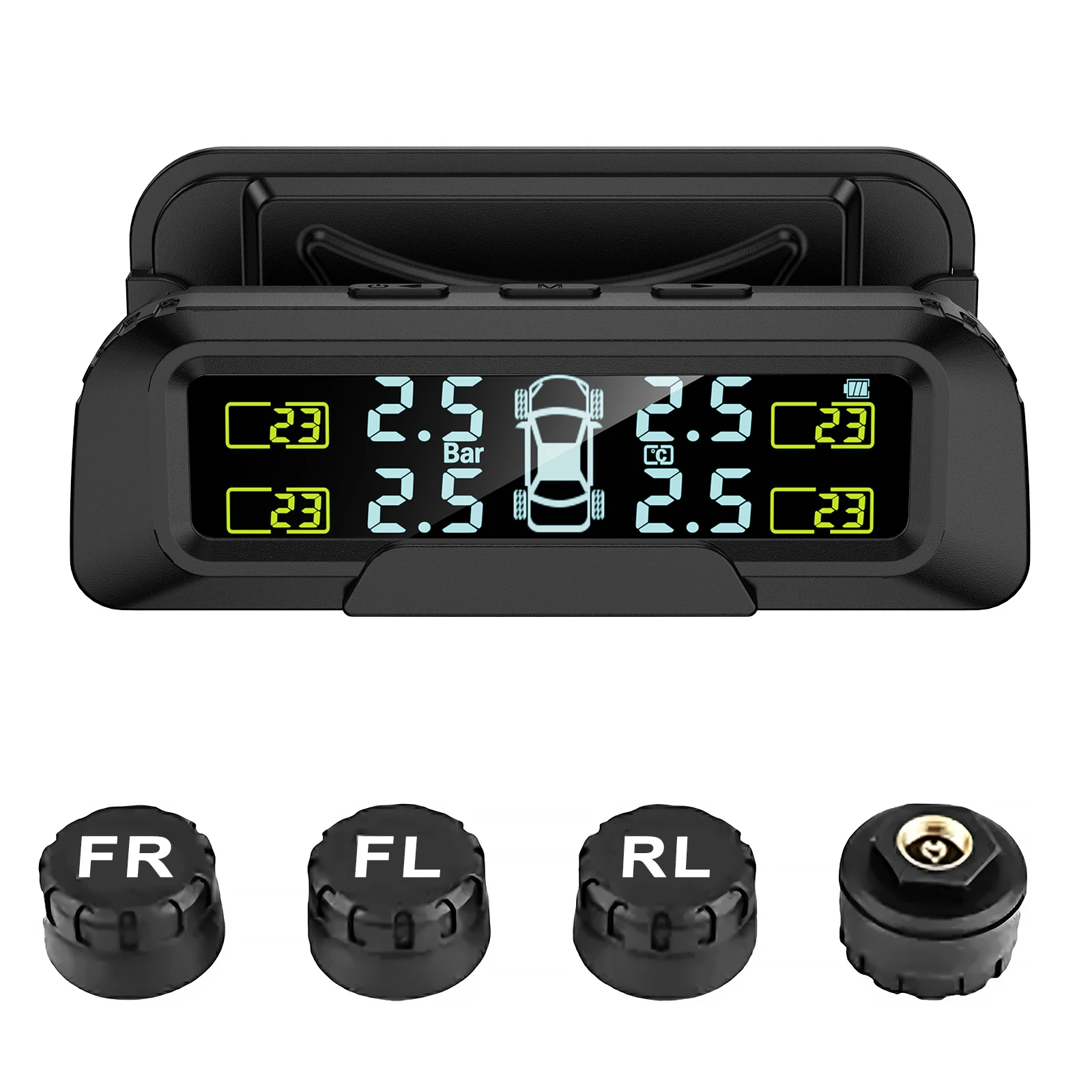 Tire Pressure Monitor System (TPMS) for on-board tire pressure and temperature detection and real-time alerting