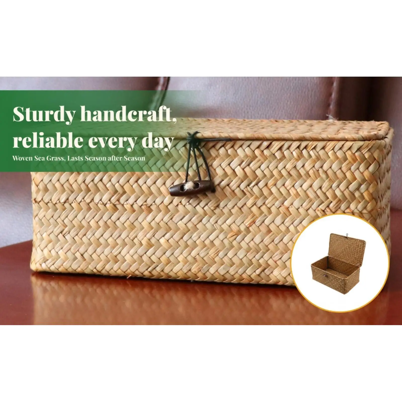 Seagrass Lidded Storage Bin Rectangular Woven Organizer Basket Durable Box for Closet Shelves
