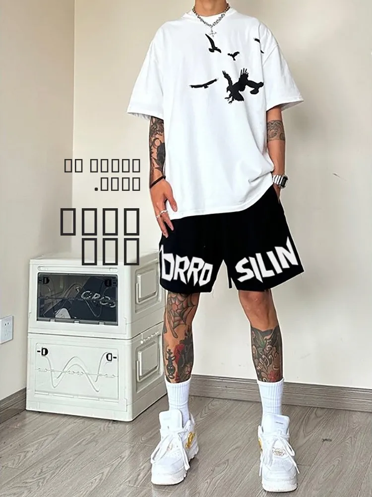 

American Sle Baskeall orts Men's Summer Loose Fit Casual Five-Quarter Pants Dstring Cord Lettering Trendy Brand