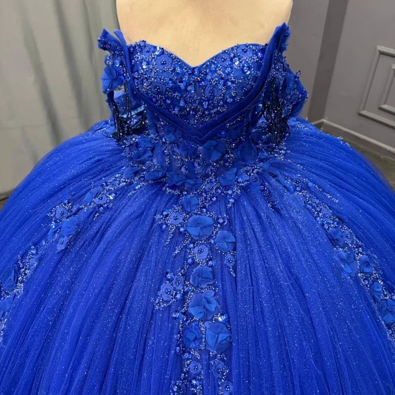Shiny royal blue Quinceanera Dress crystal Glitter 3D Flower Decal off-shoulder Long tail Vestidos De 15 Quinceanera ﻿Customize