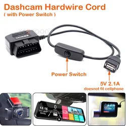 5V 2A USB OBD Car Charger Hardwire Kit Cord For Car Dashcam DVR Camera With Low Voltage Protection & Power Switch