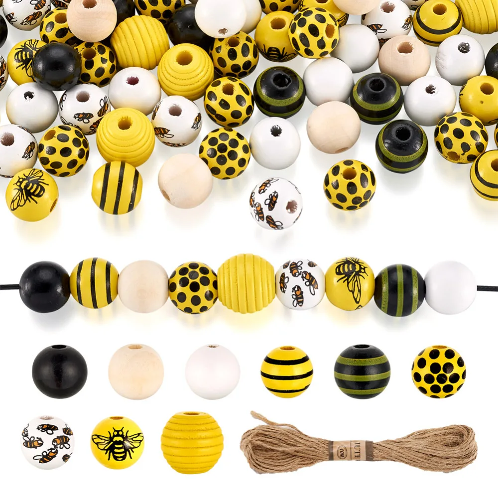 

Bee Wood Beads Craft with Jute Cord Yellow Honeycomb Wooden Round Beads for Jewelry DIY Bracelet Keychain Farmhouse Decor 160Pcs