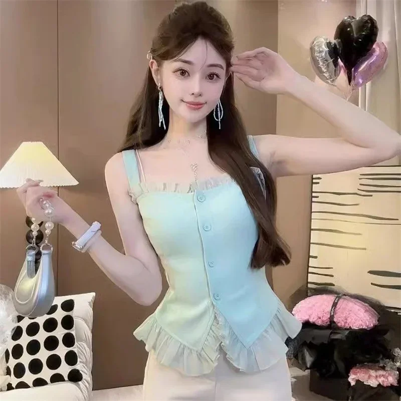

New Summer Spaghetti Strap Top Women Korean Fashion Patchwork Ruffle Sleeveless Slim Camisole Single Breasted Fashion Blouse