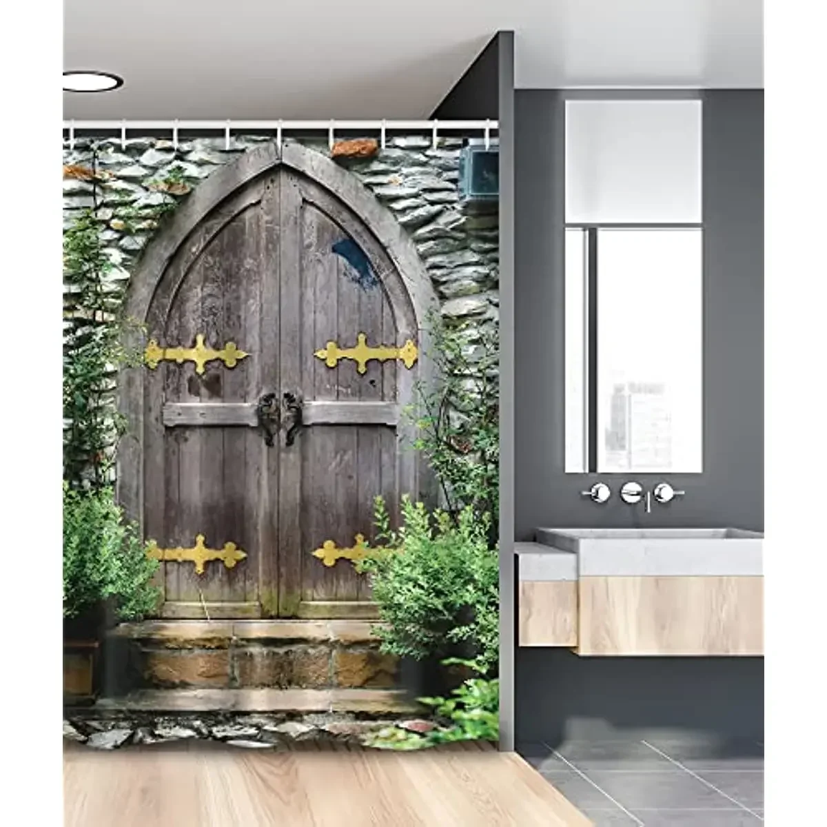 Rustic Shower Curtain, Unique Castle Traditional Middle Age Heritage Doorway Aged Fabric Bathroom Decor Curtains Set with Hooks