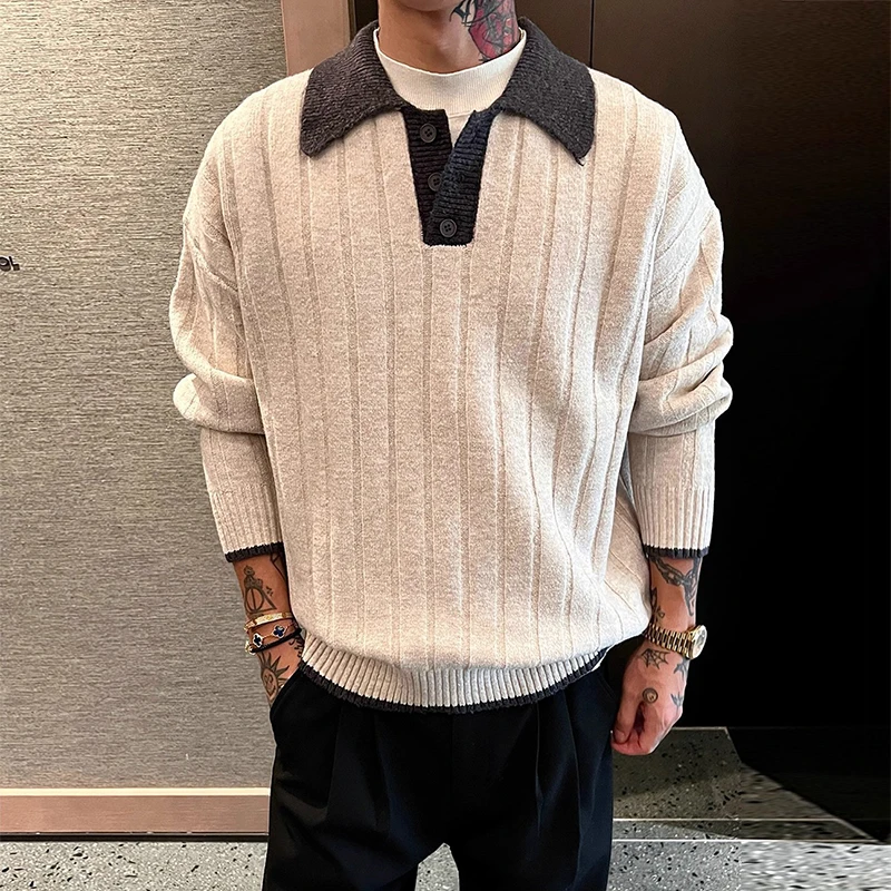 Trendy Contrast Color Patchwork Polo Sweater Men Clothing Long Sleeve Knitting Jumper Tops Mens Fall Winter Casual Knitted Polos