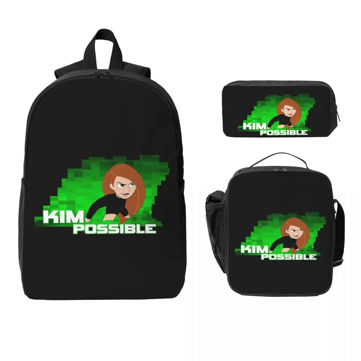 Sac à dos Kim Possible Anime Green Light pour garçons et filles, sac d'école, sac à bandoulière pour ordinateur portable, sac à déjeuner isotherme, trousse à crayons, 3 pièces