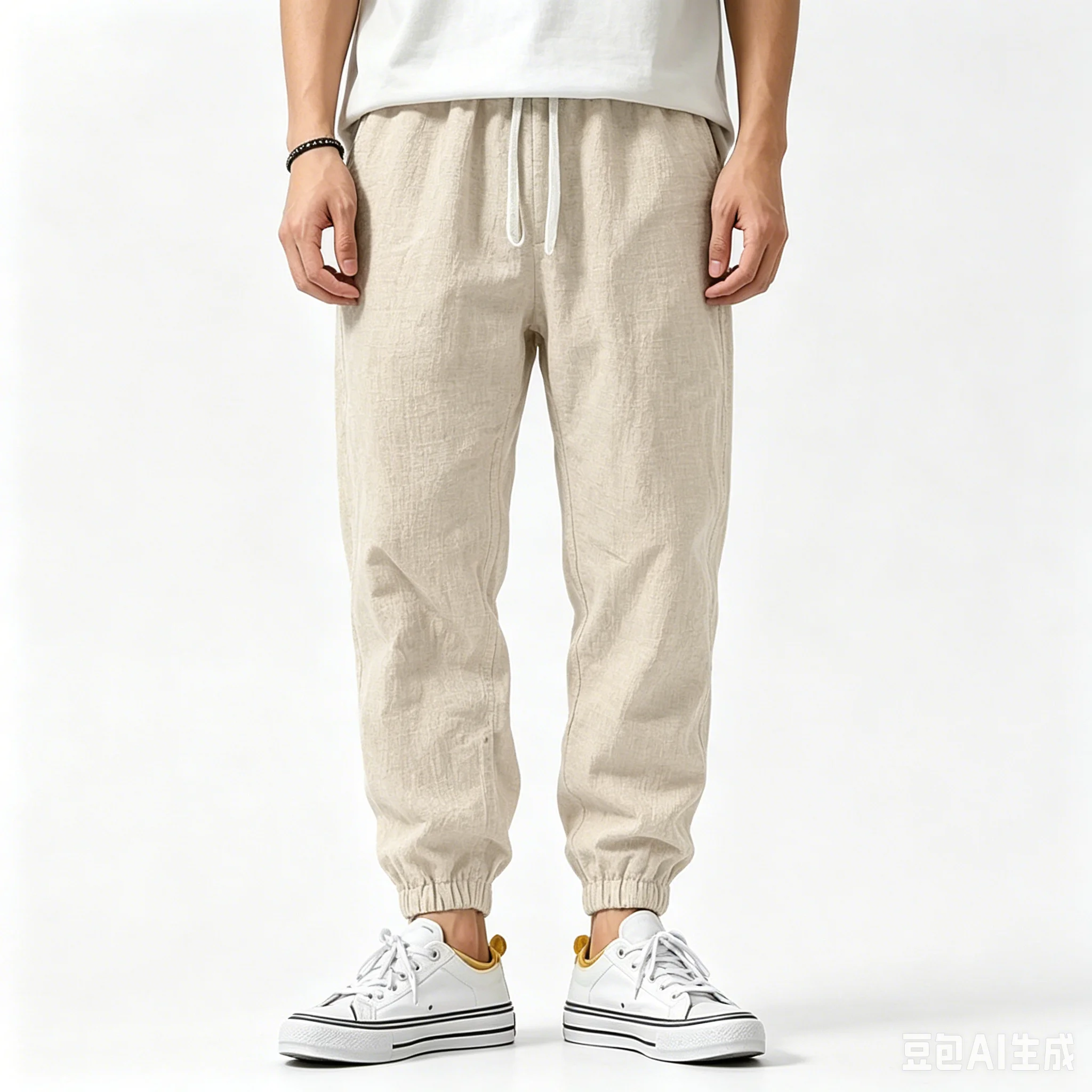 2026 New Men's Cotton Linen Pants, Elastic Waist Solid Color Straight Wide Leg Casual Trousers