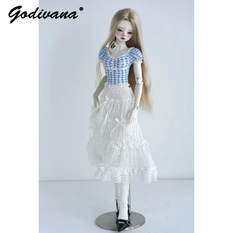 1/4 BJD Doll Lolita Outfit Gingham Puff‑sleeve Slim Top and Ruffle Lace Tiered Long Skirt Sweet Cottage‑style Doll Clothes Set