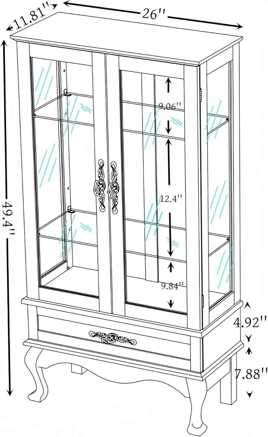 Storage Cabinet,Lighted Glass Display Cabinet Free Standing Cabinet With 2 Doors & 1 Drawer Accent Cabinet Glass Storage