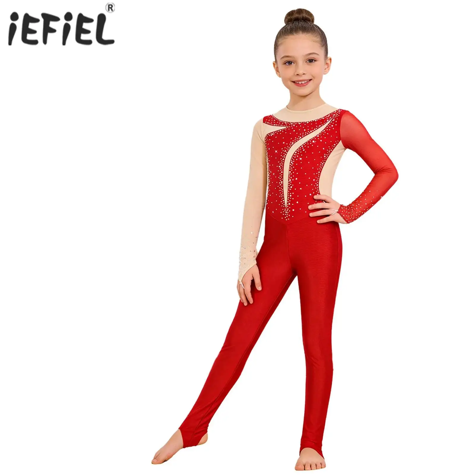 

Kids Girls Finger Holes Mesh Shiny Rhinestones Gymnastics Ballet Dance Performance Costume Long Sleeves Dance Unitards Jumpsuit