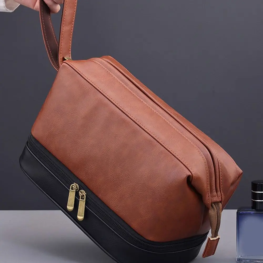 

Мужская косметичка большой вместимости из искусственной кожи в ретро-стиле, водонепроницаемая, с разделением на сухие и влажные отделения, для бизнеса и путешествий, для ванной комнаты