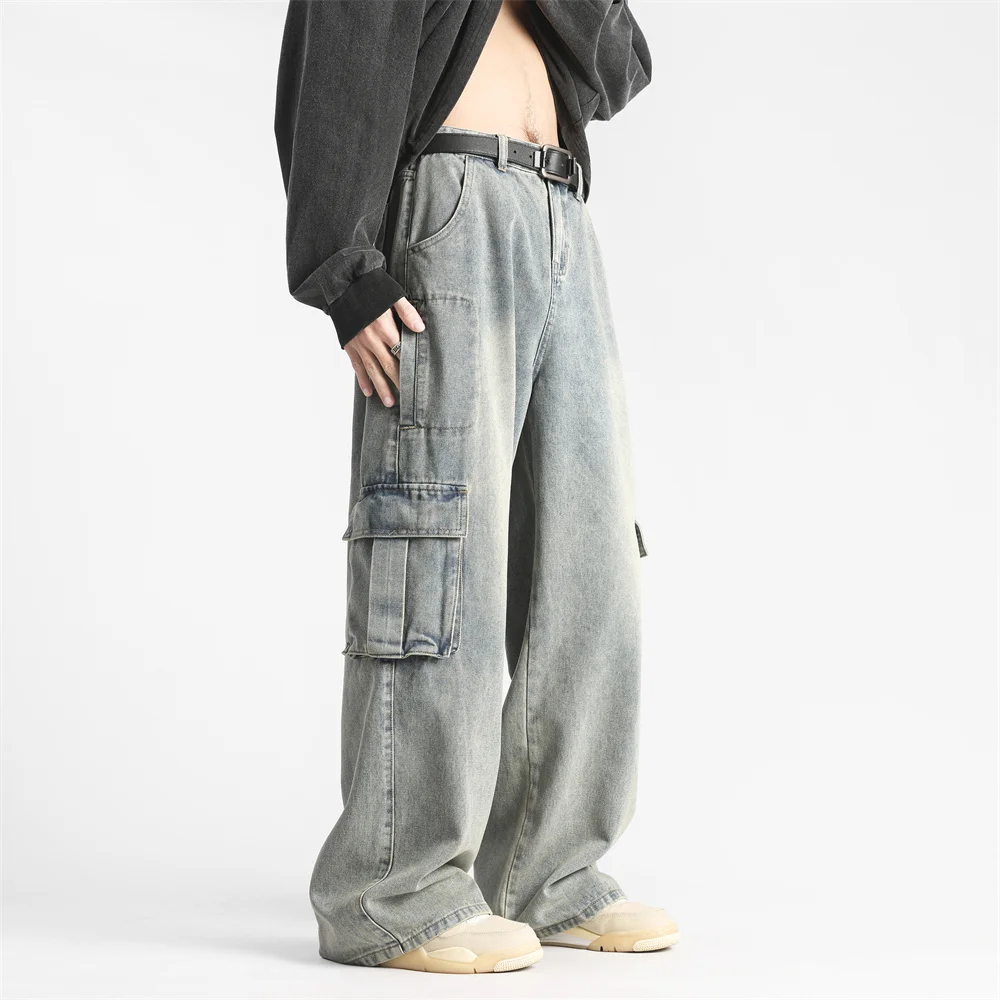 سراويل جينز رجالية جديدة ملابس عمل أمريكية عالية الجودة متعددة الجيوب بنطال جينز على الطراز القديم مغسول فضفاض غير رسمي مستقيم #5
