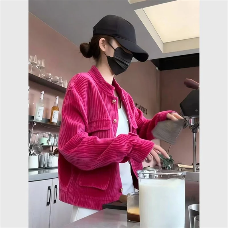 Spring Autumn Jacket Women's Casual Coat New 2026 Korean Version Dopamine Beautiful Rose Red Standing Collar Corduroy Jacket