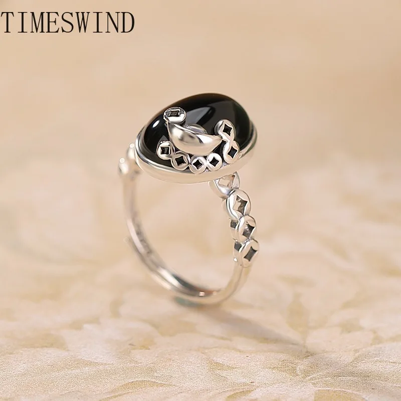 

TIMESWIND Authentic Agate Black Oval-shaped S925 Coins Hollow Women Open Ring Fashion Jewelry with Certificate