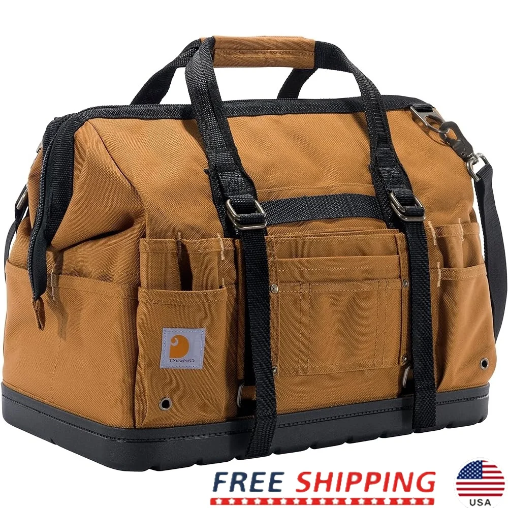 

Durable 18 Inch Water Repellent Tool Bag Heavyweight Tool Storage with Molded Base 44 Pockets Professionals