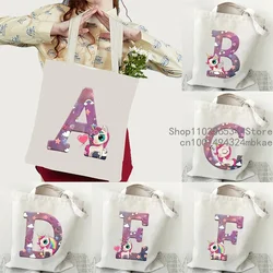 Kawaii Cartoon Unicorn Alphabet Pattern Canvas Shoulder Bag Women Cute Animals Lover Tote Bags 26 Alphabet Unicorn Women Handbag