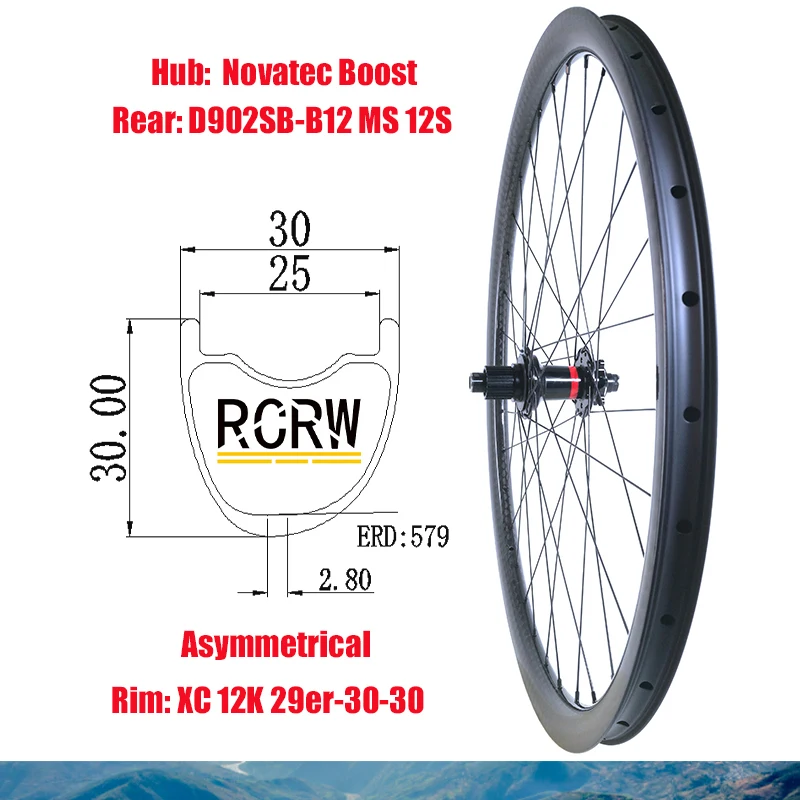 

Заднее углеродное колесо 29er MTB XC 30x30 мм, асимметричное колесо 12K, ширина обода 30, глубина 30, Novatec D902SB-B12 Microspline 12S Boost, J-образный хаб