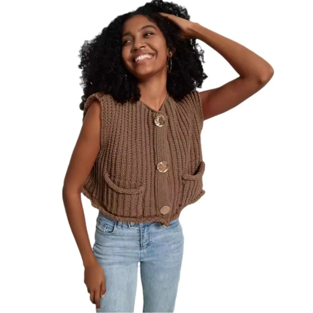 

Women's European American Style Fashion Thick Needle Knitted Vest Sleeveless Cardigan Loose Autumn Top