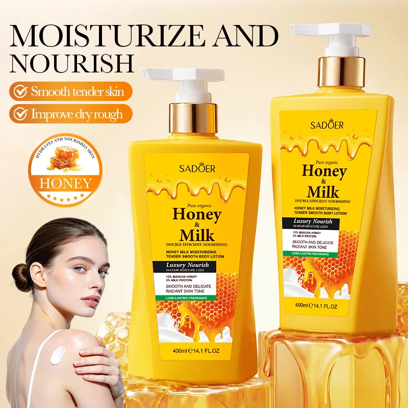 

SADOER Молочко для тела с медом 400 мл: Увлажняющее, разглаживающее, восстанавливающее для сухой и шелушащейся кожи, комплексный уход за всем телом