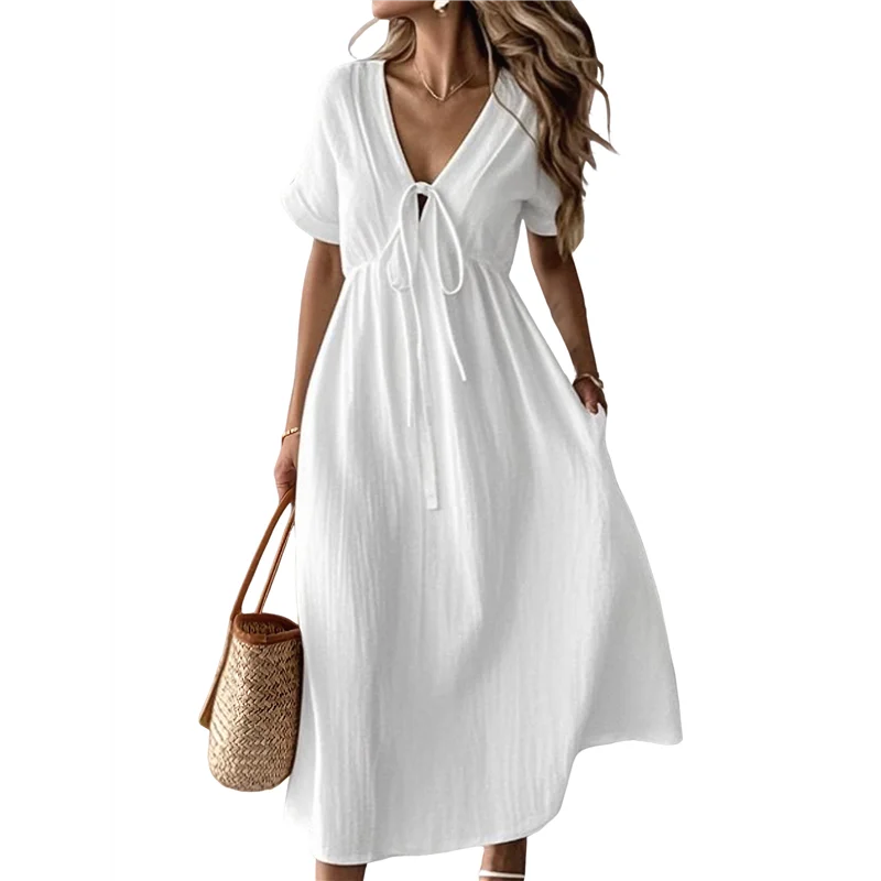 فستان ASDS-صيفي للنساء كاجوال بأكمام قصيرة وربطة عنق على شكل حرف V وكشكشة فساتين متوسطة الطول