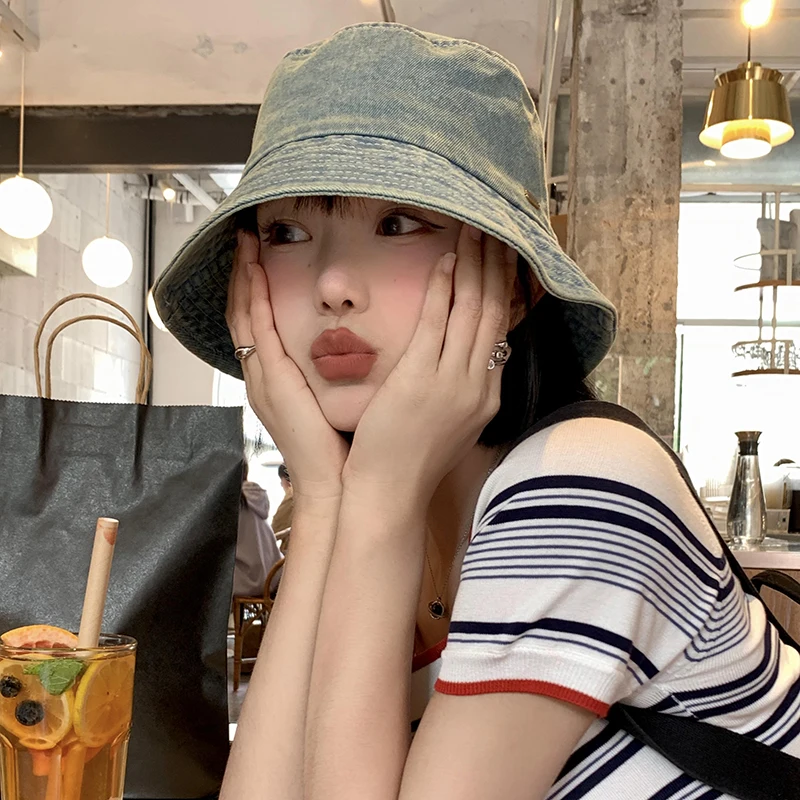 Vintage Denim Bucket Hats for Women Summer Japanese Retro Big Head Basin Cap Showing Face Small Sunshade Sunscreen Men\'s Hat