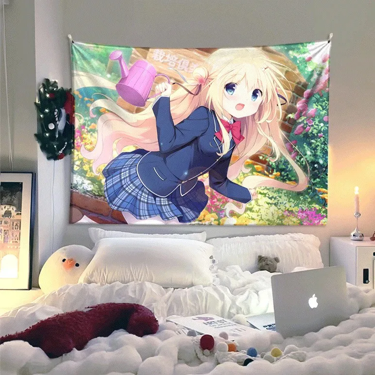 VIKAMA Kawaii School Uniform Anime Girl Tapestry Blonde Hair Garden Watering Can Wall Hanging Teen Girls Bedroom Decor