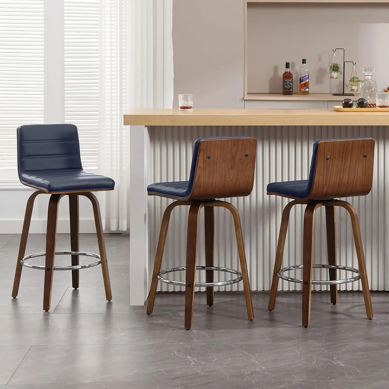 Bar Stools 26 Inch Counter Height, Set of 3, PU Leather Swivel Counter Stools with Backs, L Shape Back and Bentwood Legs,