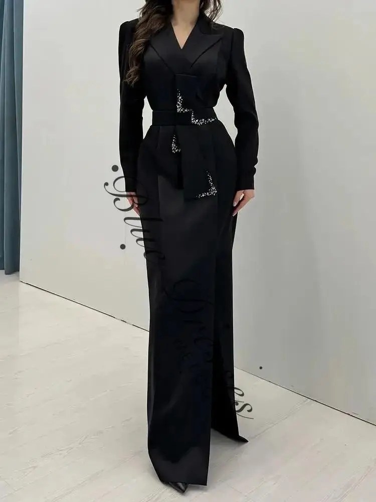 

customized Evening Dresses Floor-Length V-Neck Full Sleeve Prom Gown Fashion Crystal Sashes Side Split Party Gown