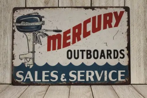 Mercury Tin Metal Sign Boat Engines Vintage, aspecto Retro, fuera de borda, ventas y servicio