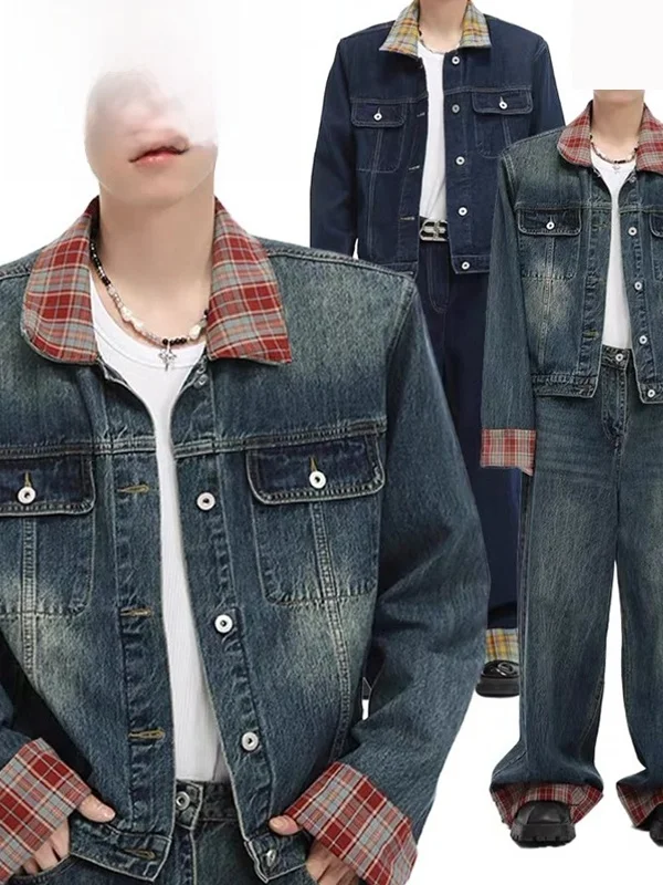 

Мужской джинсовый комплект: джинсы прямого кроя и куртка в стиле ретро-хонконг с цветными вставками, осенняя молодежная мода