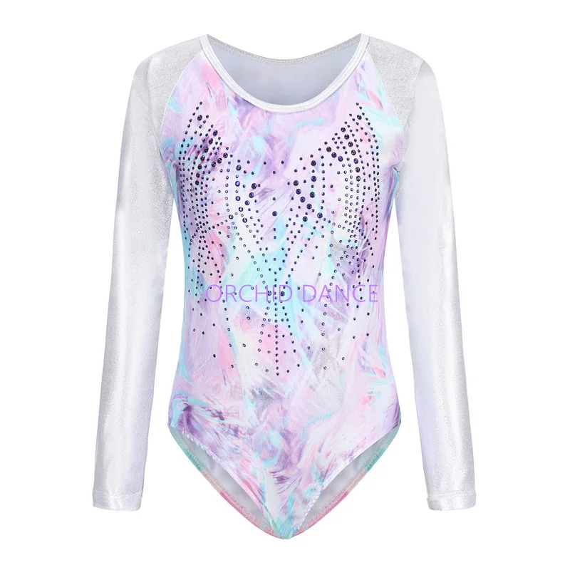 High Quality Full Size Kids Girls Children Performance Wear Long Sleeves Artistic Rhythmic Crystals Gymnastics Leotards