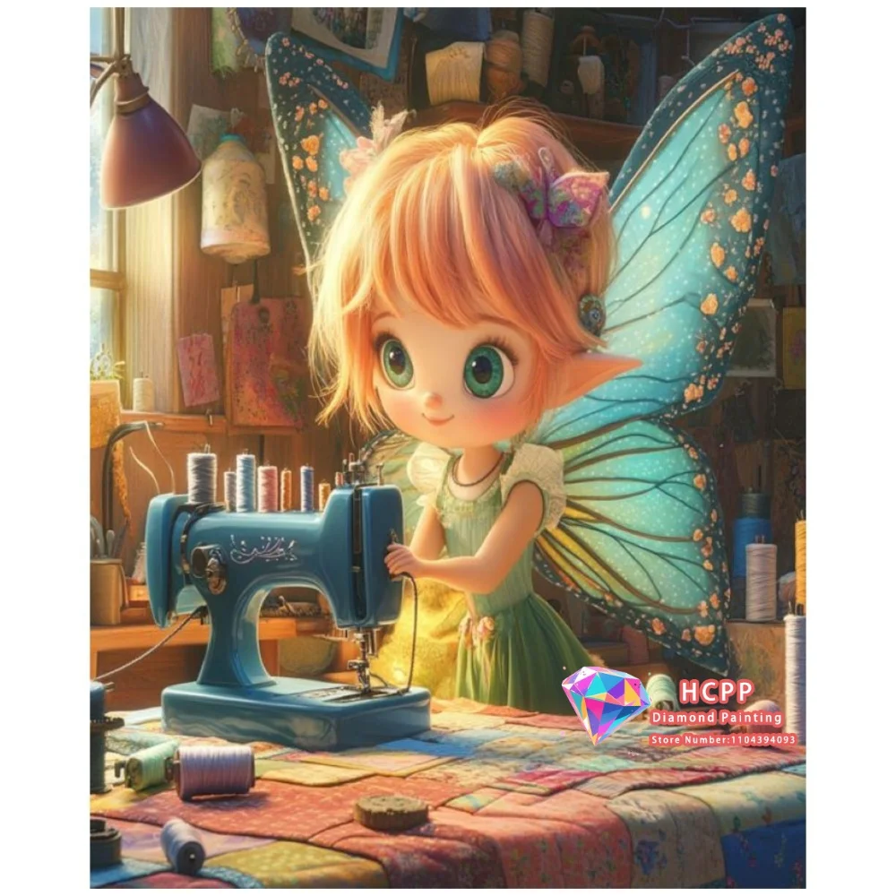Butterfly Fairy Sewing Machine Room 5D DIY Diamond Painting Set with Square and Round Diamonds Handmade Crafts Home Decor Gifts