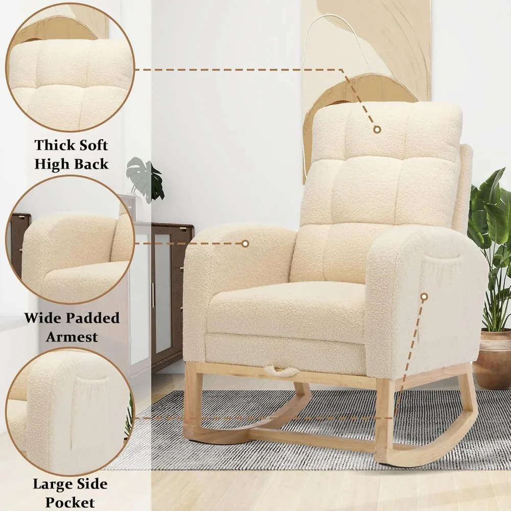 Kursi Goyang Pembibitan Modern, Kursi Goyang Berlapis Teddy Dengan Pijakan Kaki, Kursi Rocker Nyaman Dengan Saku Samping, Rocker C