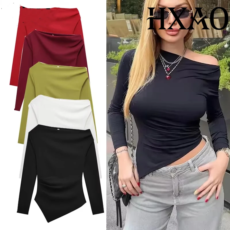 

HXAO женские топы с открытыми плечами, укороченный асимметричный топ, весна 2024, женские однотонные футболки с рюшами, топ с длинными рукавами, женские блузки