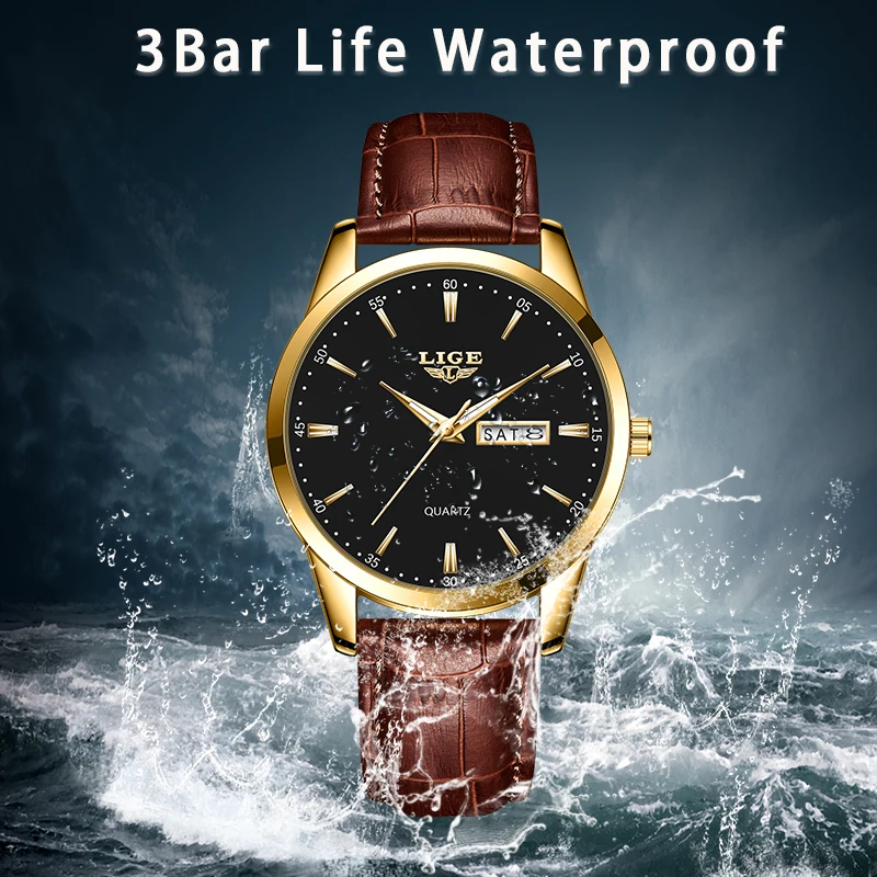 LIGE Fashion Man Watch Waterproof Luminous Auto Date Week Men Watches For Business Leather Men\'s Quartz Wristwatch Reloj Hombre