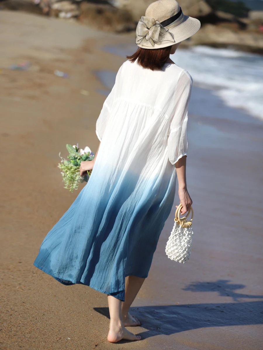 Verão novo solto plus size vestido adient cor dr leve linho dupla camada bainha larga saia de fadas branco maxi dr