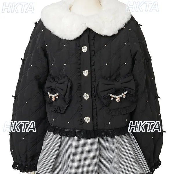 Japanese Sweet Lolita Girls Cotton Jacket Heavy Craft Chic Beaded Bow Lace Short Coats Fluffy Fur Collar Black Cotton Coat Top
