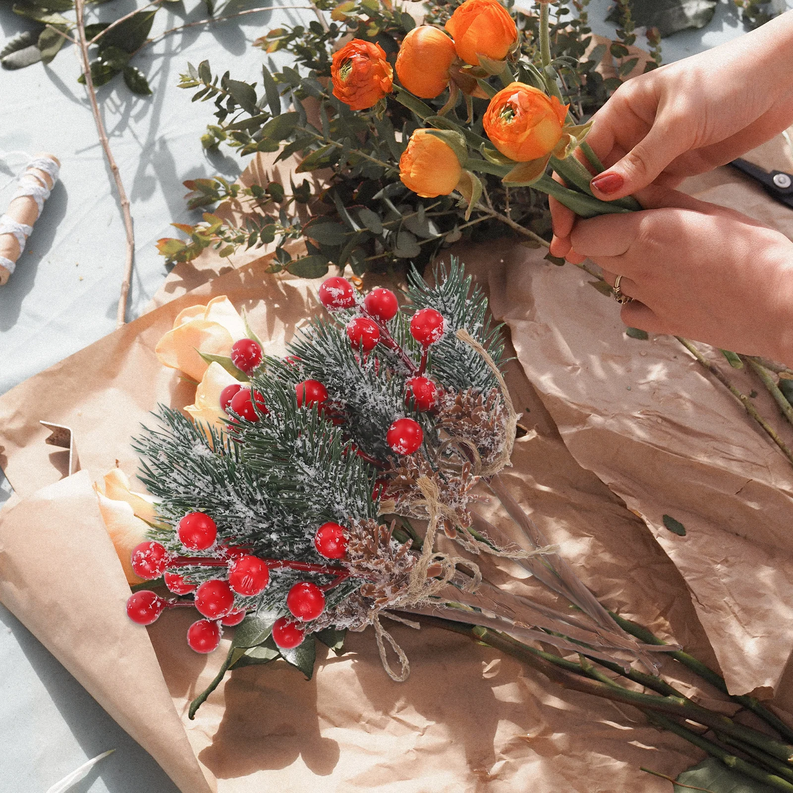 

5Pcs Fake Berry Branches Frosted Pine Sprays with Red Berries for Christmas Ornament Centerpiece Mantel Table Decoration Holiday