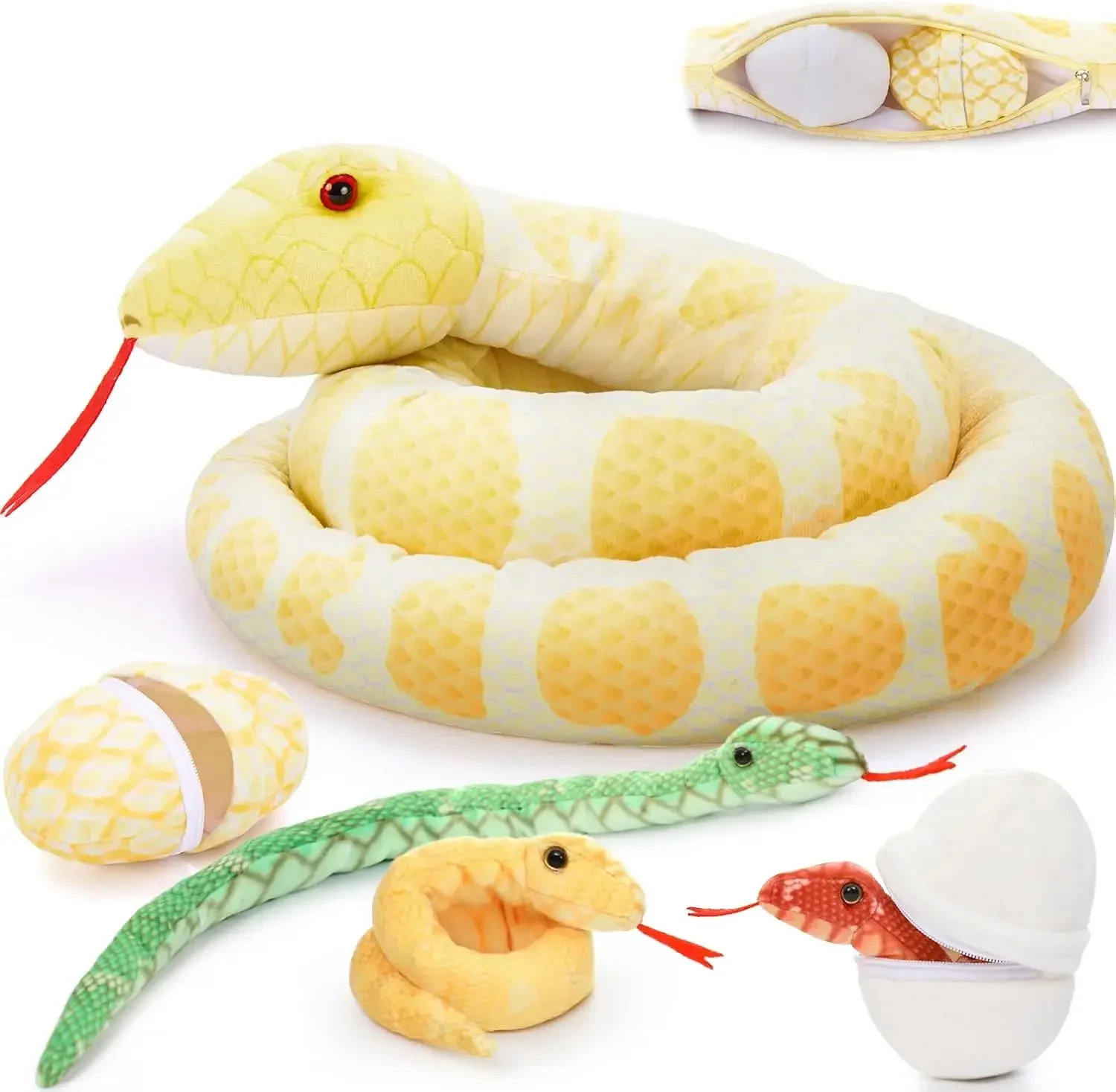 Tezituor Giant Stuffed Snake Plush, Yellow Snake Stuffed Animal with 3 Snake Babies  2 Eggs,80