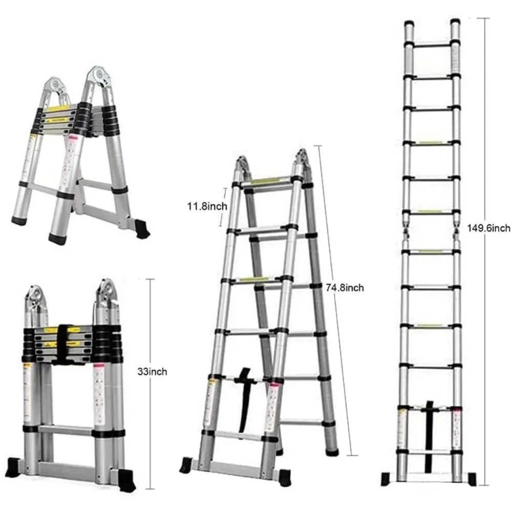 12.5FT Telescoping Ladder,Telescoping A Frame Ladder with Balance Bar and Movable Wheel,Household Use Folding Ladder